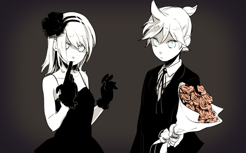 1girl bad_id bad_pixiv_id brother_and_sister dress flower formal highres kagamine_len kagamine_rin monochrome nirok rose short_hair siblings spot_color suit twins vocaloid wallpaper