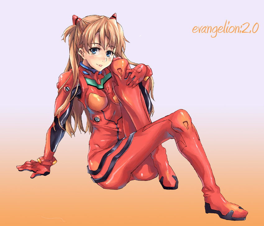 :p arm_support bangs blue_eyes blush bodysuit bracer breasts brown_hair closed_mouth copyright_name evangelion:_2.0_you_can_(not)_advance eyebrows_visible_through_hair from_side gloves gradient gradient_background grey_background hair_over_shoulder hand_on_own_knee headgear knees_up kno1 leg_hug long_hair looking_at_viewer neon_genesis_evangelion number orange_background pilot_suit plugsuit rebuild_of_evangelion red_bodysuit shikinami_asuka_langley shiny shiny_clothes sitting small_breasts solo souryuu_asuka_langley tongue tongue_out turtleneck two_side_up