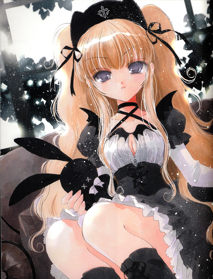 blonde_hair boots breasts bunny cleavage cleavage_cutout copyright_request corset dress gothic_lolita grey_eyes hairband hato_rami highres lolita_fashion long_hair medium_breasts short_dress solo very_long_hair