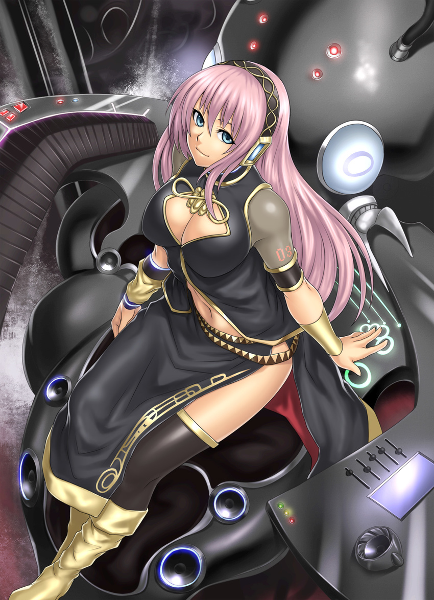 blue_eyes boots breasts cleavage_cutout headphones highres houtengeki large_breasts long_hair megurine_luka midriff navel pink_hair solo thighhighs vocaloid