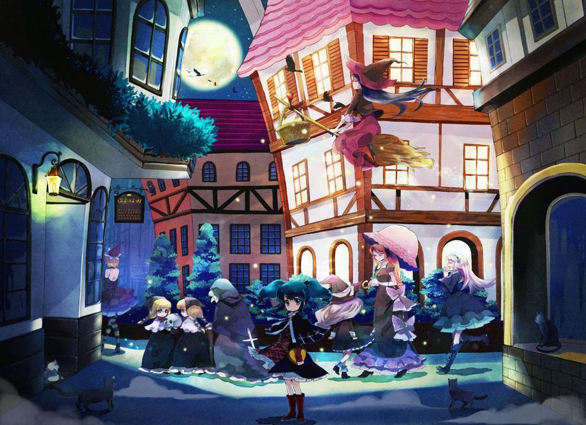basket bird black_hair blonde_hair blue_eyes boots broom cat child dress flying full_moon green_hair hairband hara_yui hat highres knee_boots long_hair moon multiple_girls original plaid siblings skull striped striped_legwear thighhighs twins twintails umbrella witch witch_hat