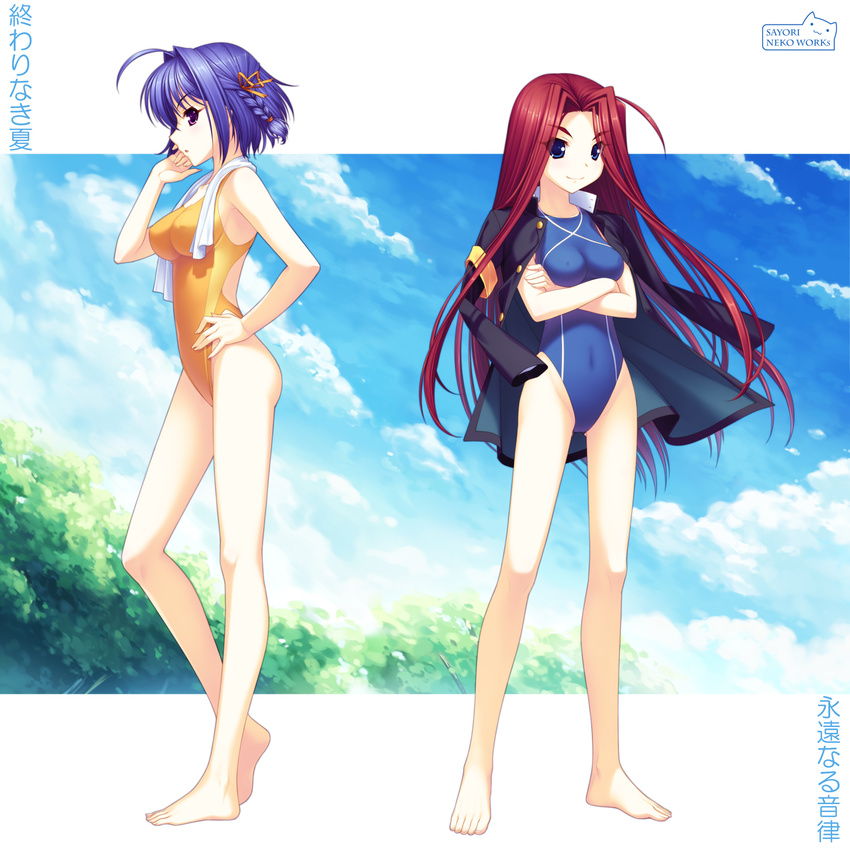 bad_id bad_pixiv_id barefoot blue_eyes blue_hair braid competition_swimsuit crossed_arms feet hand_on_hip highleg highleg_swimsuit highres jacket jacket_on_shoulders legs long_hair long_legs multiple_girls one-piece_swimsuit oogami_ritsuko orihara_ai owari_naki_natsu_towa_naru_shirabe purple_eyes red_hair sayori short_hair swimsuit towel translated