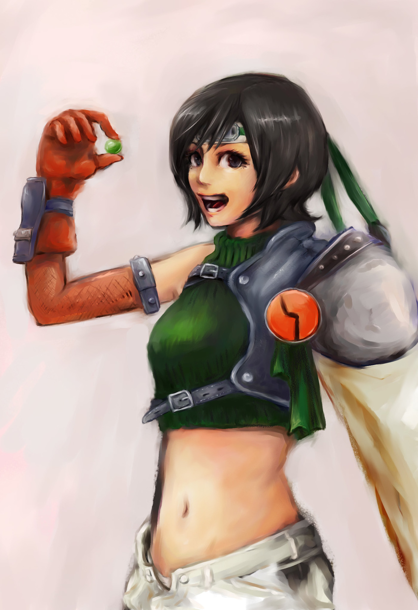 armor bad_id bad_pixiv_id black_hair brown_eyes final_fantasy final_fantasy_vii gloves headband highres materia midriff navel open_fly short_hair shorts sk_hand sleeveless sleeveless_turtleneck smile solo turtleneck unzipped yuffie_kisaragi