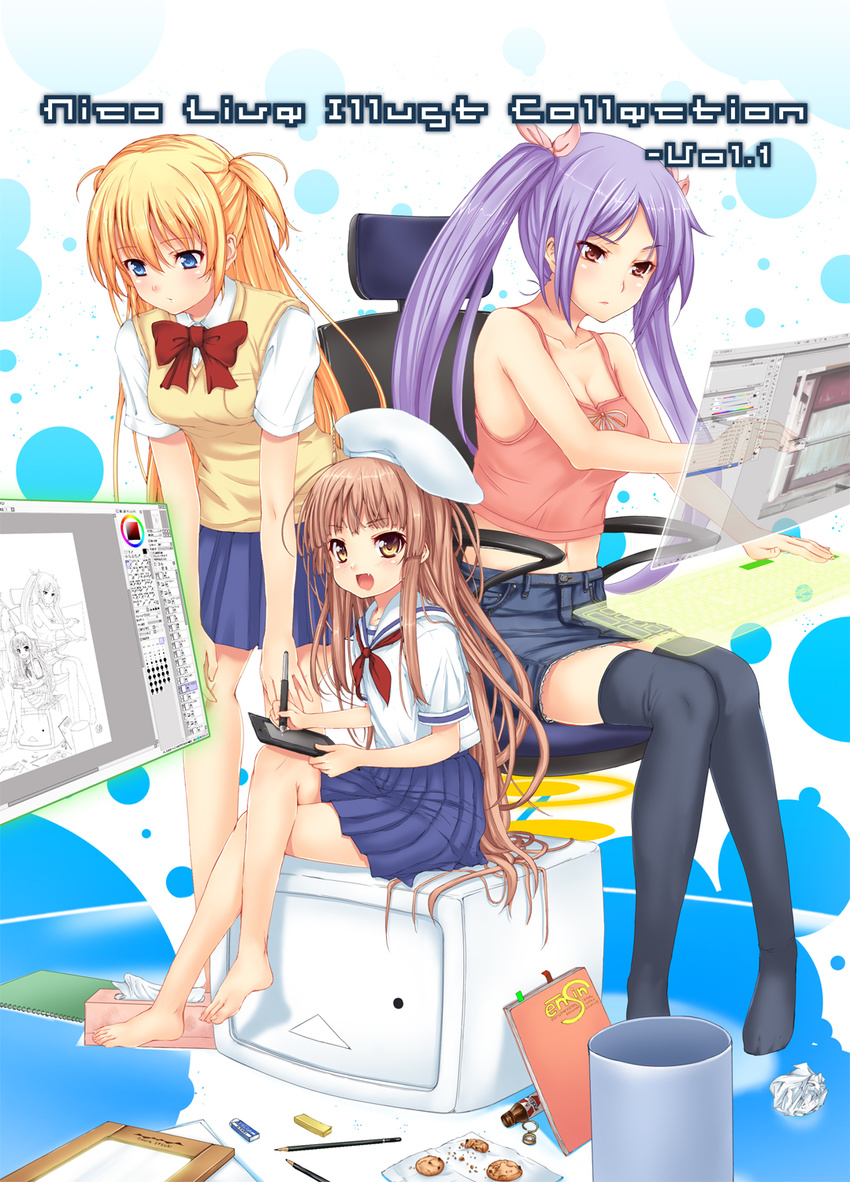 adobe_photoshop bad_id bad_pixiv_id bare_shoulders barefoot black_legwear blonde_hair chair cookie drawing_tablet feet food fujioka_toki hair_ribbon highres legs long_hair midriff multiple_girls navel original purple_hair recursion ribbon short_twintails shorts sitting sweater_vest thighhighs trash_can twintails wacom