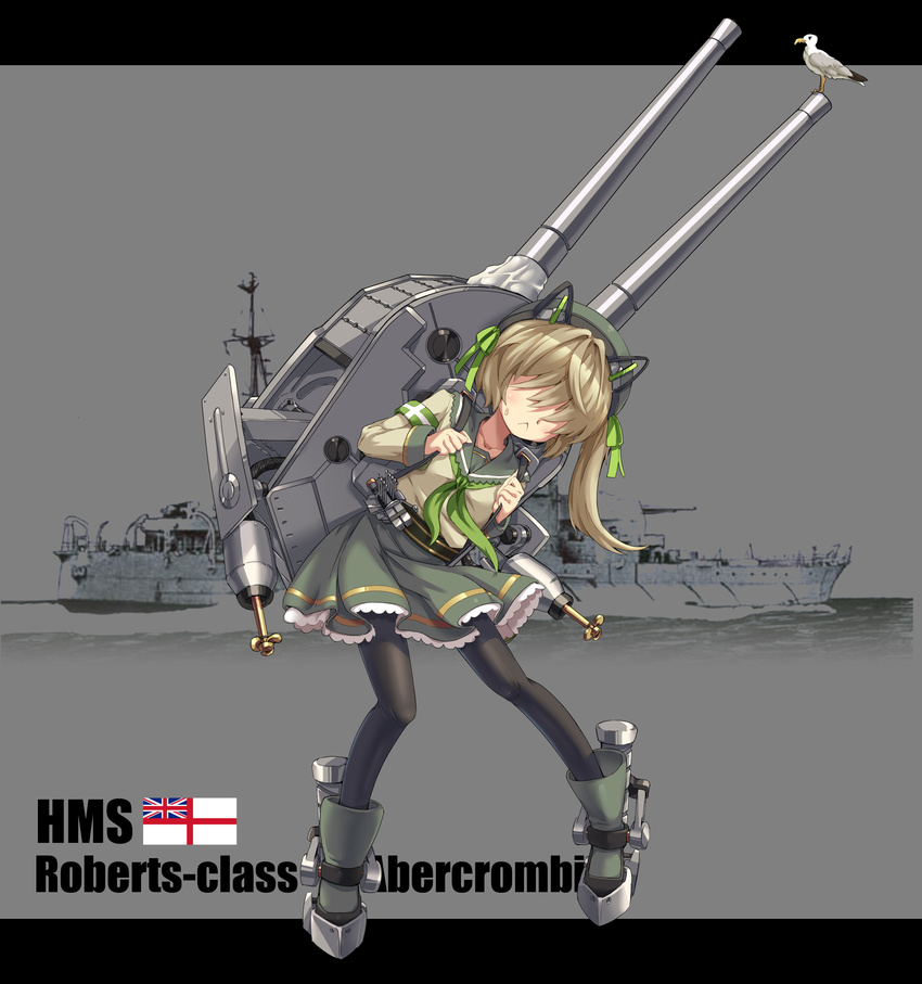 abercrombie_(zhan_jian_shao_nyu) absurdres animal_ears bird blonde_hair cat_ears character_name english hair_over_eyes hat highres hms_abercrombie letterboxed long_sleeves official_art pantyhose photo_background pleated_skirt rigging royal_navy school_uniform seagull serafuku side_ponytail sirills skirt solo white_ensign zhan_jian_shao_nyu