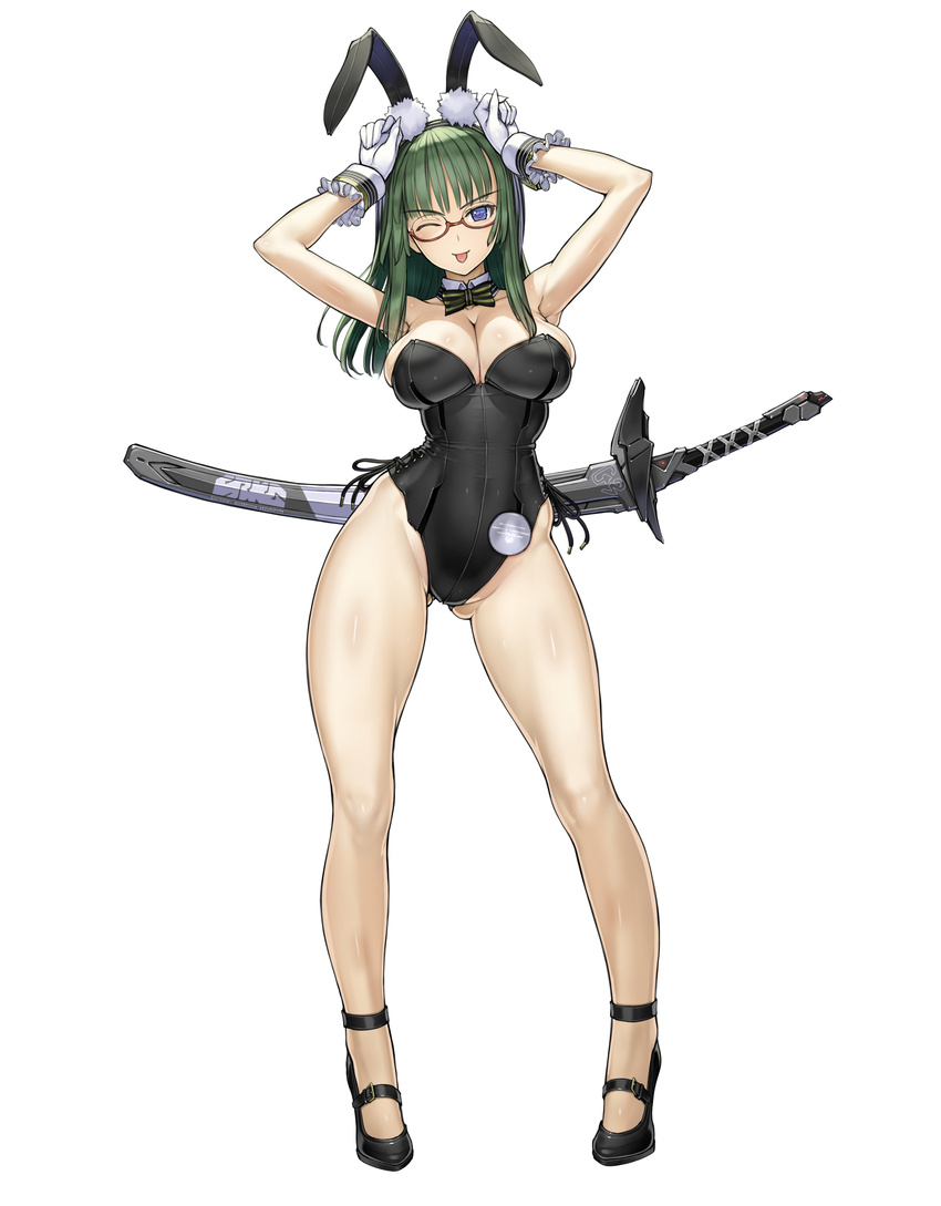 ;p absurdres animal_ears armpits arms_up bad_id bad_pixiv_id bare_legs bare_shoulders blue_eyes bow bowtie breasts bunny_ears bunnysuit cleavage crotch_seam detached_collar glasses gloves green_hair highres katana large_breasts long_hair long_legs looking_at_viewer nakabayashi_reimei one_eye_closed phantasy_star phantasy_star_online_2 red-framed_eyewear semi-rimless_eyewear simple_background smile solo sword tongue tongue_out under-rim_eyewear weapon white_background white_gloves wrist_cuffs