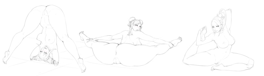 absurdres anus ass breasts bun_cover chun-li double_bun flexible greyscale han_juri highres large_breasts lineart lm_(legoman) monochrome multiple_girls nipples nude ponytail pussy short_twintails sketch soles soulcalibur split street_fighter stretch taki_(soulcalibur) thick_thighs thighs toes twintails upside-down
