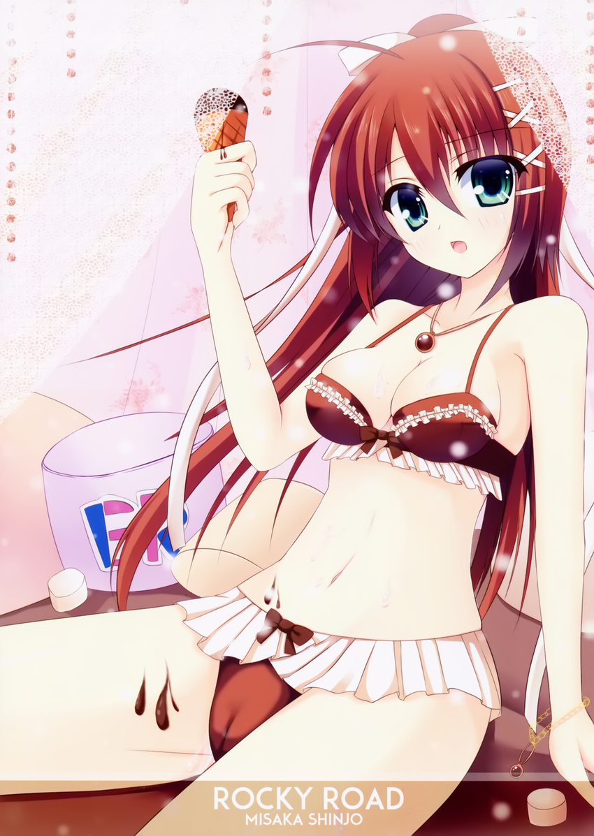 :o absurdres artist_request bikini bikini_skirt blue_eyes bracelet breasts brown_bikini brown_hair cameltoe cleavage copyright_request curtains food highres ice_cream ice_cream_cone jewelry long_hair marshmallow medium_breasts necklace sitting swimsuit