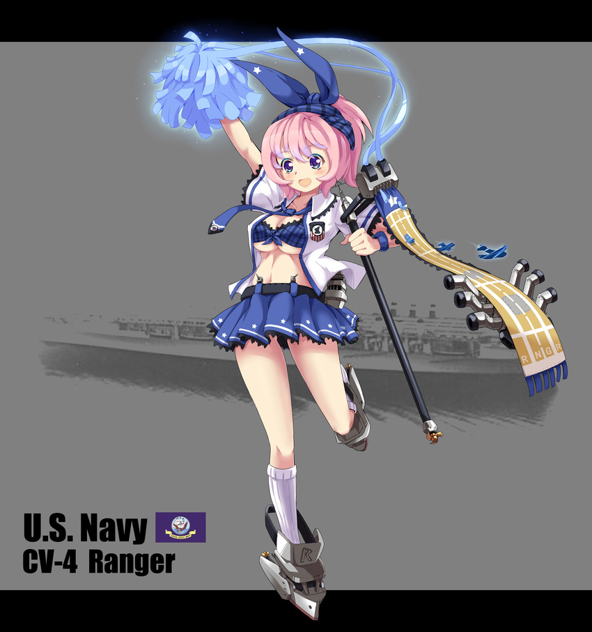 absurdres character_name english hairband highres letterboxed md5_mismatch midriff navy necktie official_art photo_background pink_hair pleated_skirt ranger_(zhan_jian_shao_nyu) rigging shirt sirills skirt smile solo uss_ranger_(cv-4) white_ensign zhan_jian_shao_nyu