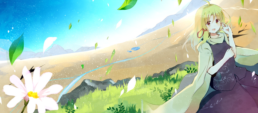 blonde_hair blue_sky day flower grass hair_ribbon landscape long_sleeves moriya_suwako mountain no_hat no_headwear open_mouth petals ribbon scenery shirt skirt skirt_set sky solo tamagogayu1998 touhou vest wide_sleeves yellow_eyes