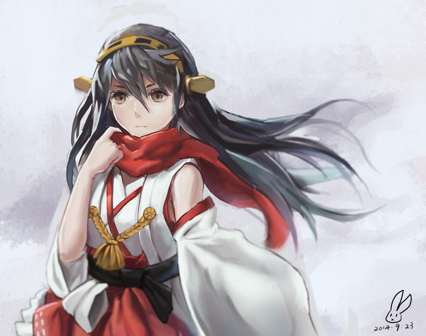 adjusting_scarf bare_shoulders blurry brown_eyes dated depth_of_field detached_sleeves grey_hair hairband haruna_(kantai_collection) headgear japanese_clothes kantai_collection kirigaku_luo long_hair nontraditional_miko pleated_skirt red_scarf red_skirt scarf skirt solo
