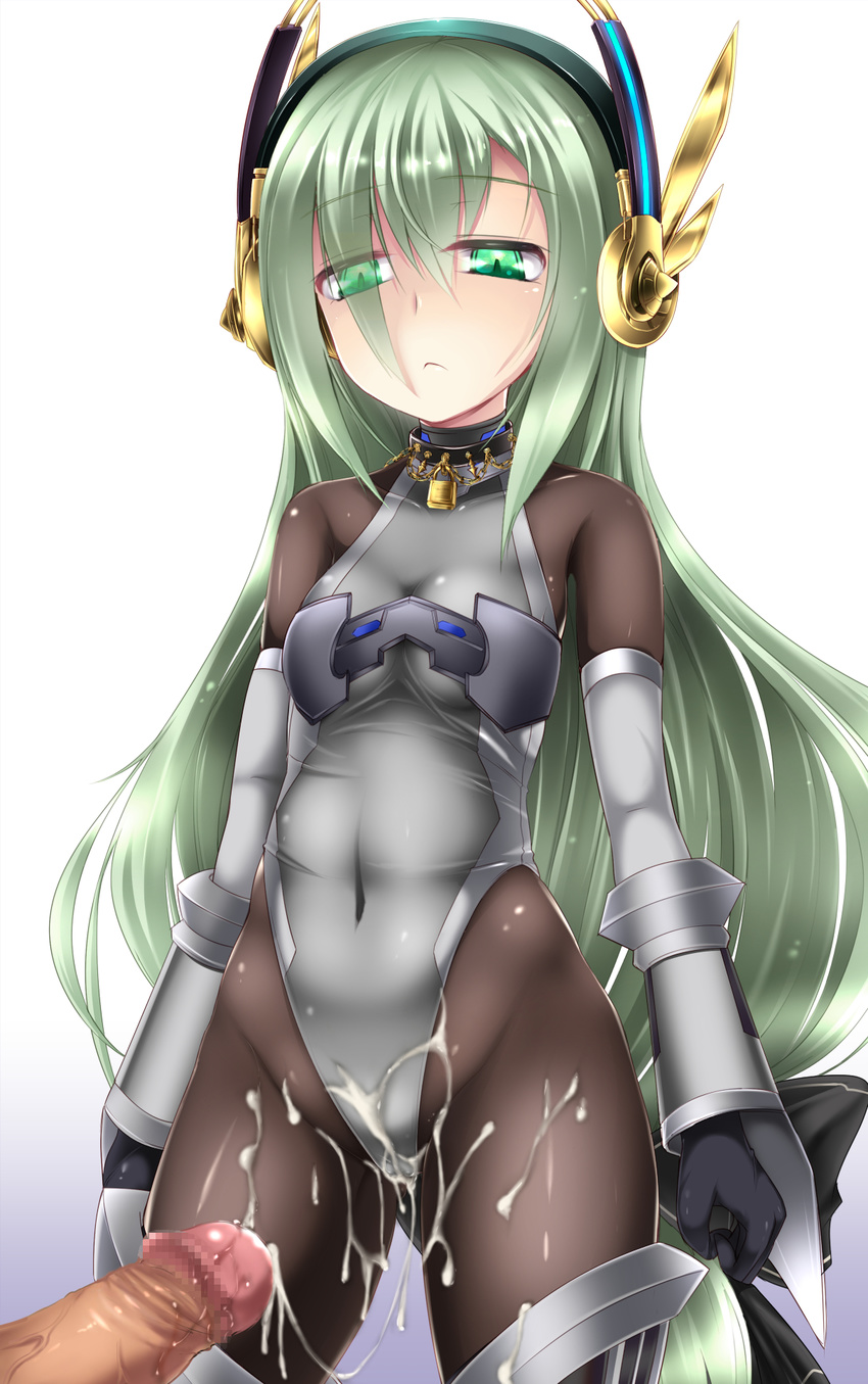 1girl :&lt; bare_shoulders black_gloves bodysuit censored collar cum cum_on_body cum_on_clothes cum_on_lower_body detached_sleeves emil_chronicle_online gloves green_eyes green_hair hair_ornament hairband hetero highres leotard lock mosaic_censoring pantyhose penis shimo_(depthbomb) solo_focus thighhighs