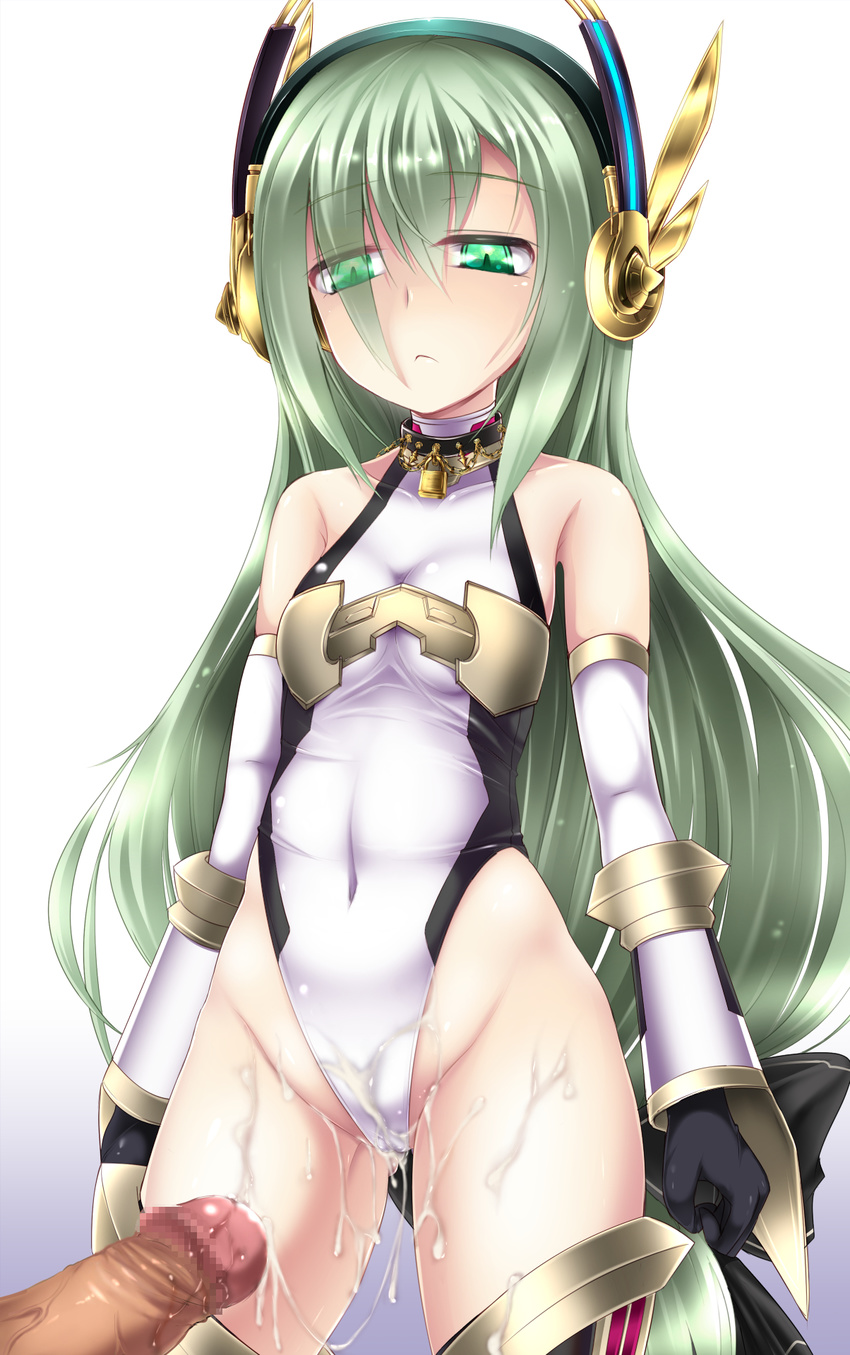1girl bare_shoulders black_gloves censored collar cum cum_on_body cum_on_clothes cum_on_lower_body detached_sleeves emil_chronicle_online gloves green_eyes green_hair hair_ornament hairband hetero highres leotard lock mosaic_censoring penis shimo_(depthbomb) solo_focus thighhighs