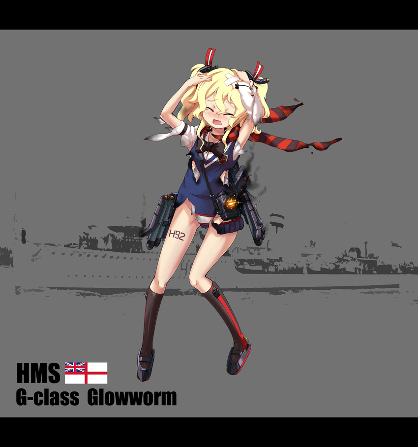 absurdres bandaid blonde_hair blush character_name closed_eyes english glowworm_(zhan_jian_shao_nyu) hair_between_eyes hair_ornament highres hms_glowworm kneehighs letterboxed long_hair official_art photo_background rigging royal_navy scarf sirills solo sweater tears torn_clothes torn_scarf turret twintails wavy_hair white_ensign zhan_jian_shao_nyu
