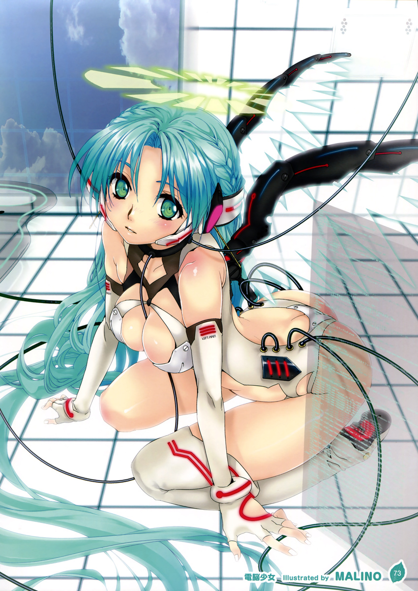 absurdly_long_hair absurdres arm_support ass bare_shoulders boots braid breasts butt_crack cable cleavage cleavage_cutout elbow_gloves fingerless_gloves gloves green_eyes green_hair halo highres large_breasts leotard long_hair looking_at_viewer malino_(dream_maker) mecha_musume mechanical_wings open_mouth original side_braid sitting solo thigh_boots thighhighs very_long_hair wariza white_gloves white_legwear wings