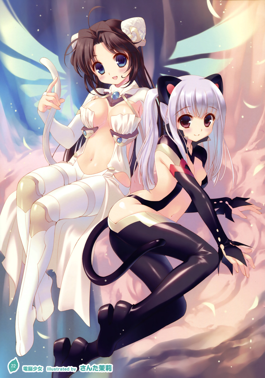 absurdres animal_ears black_legwear blue_eyes bodysuit breasts brown_eyes brown_hair cat_ears center_opening cleavage energy_wings grey_hair highres long_hair medium_breasts multiple_girls pantyhose santa_matsuri small_breasts thighhighs twintails white_legwear