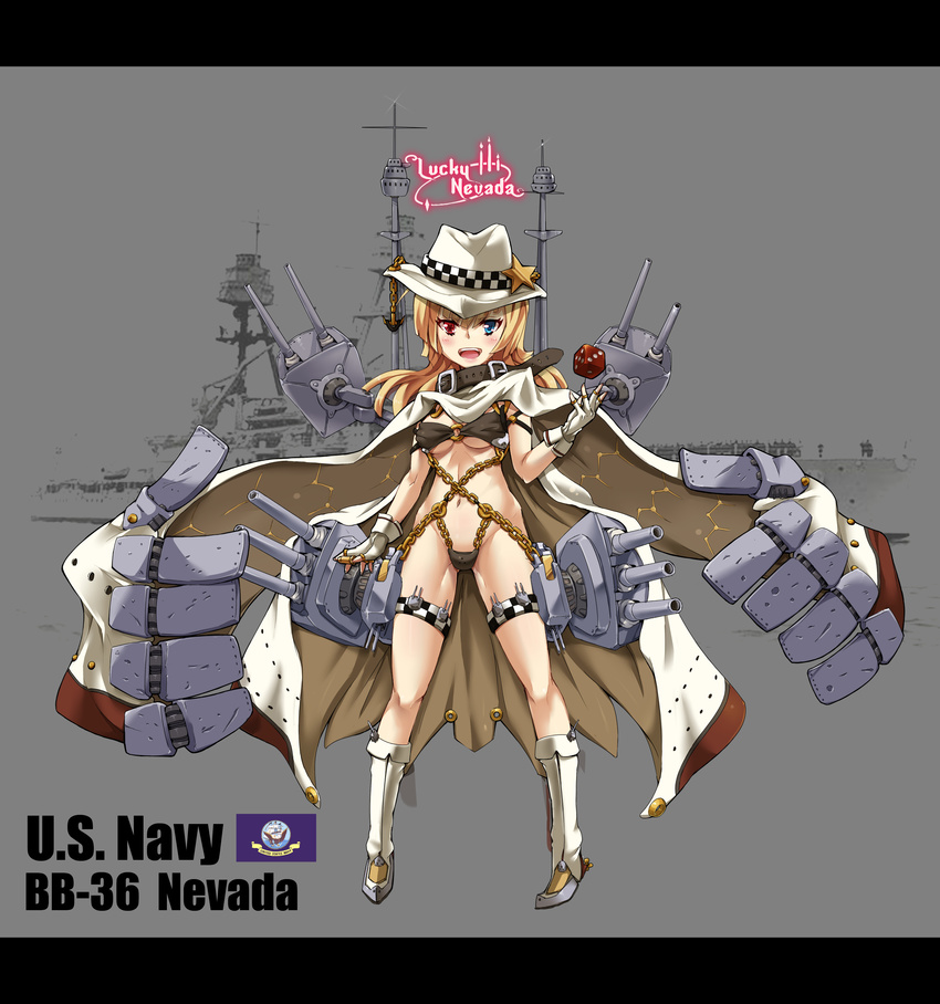 absurdres bikini blue_eyes cape chain character_name cowboy_hat english hat heterochromia highres letterboxed long_hair navy nevada_(zhan_jian_shao_nyu) official_art photo_background red_eyes rigging sirills solo swimsuit turret white_ensign zhan_jian_shao_nyu