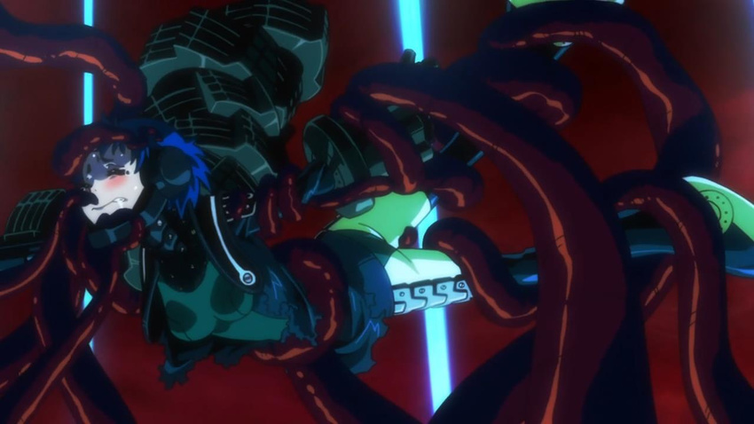 blue_hair blush bodysuit breasts jumpsuit large_breasts nobunagun ogura_shio restrained scared screencap snapshot spread_legs tentacle torn_clothes you_gonna_get_raped