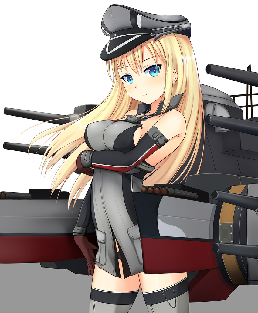 bare_shoulders bismarck_(kantai_collection) blonde_hair blue_eyes blush breast_hold breasts brown_gloves detached_sleeves gloves grey_legwear hat highres kantai_collection kirifrog light_smile long_hair looking_at_viewer machinery medium_breasts peaked_cap solo turret