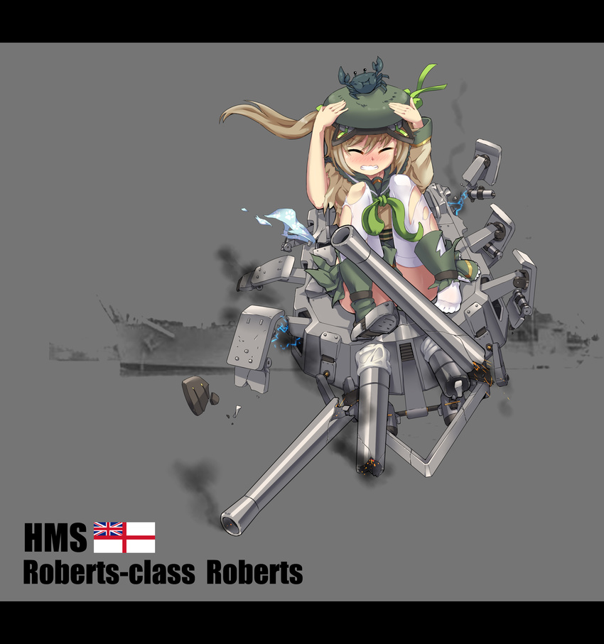 absurdres animal_ears blonde_hair cat_ears character_name crab english green_eyes highres hms_roberts letterboxed neckerchief official_art photo_background pleated_skirt rigging roberts_(zhan_jian_shao_nyu) royal_navy school_uniform serafuku side_ponytail sirills skirt solo thighhighs torn_clothes torn_legwear turret white_ensign zhan_jian_shao_nyu