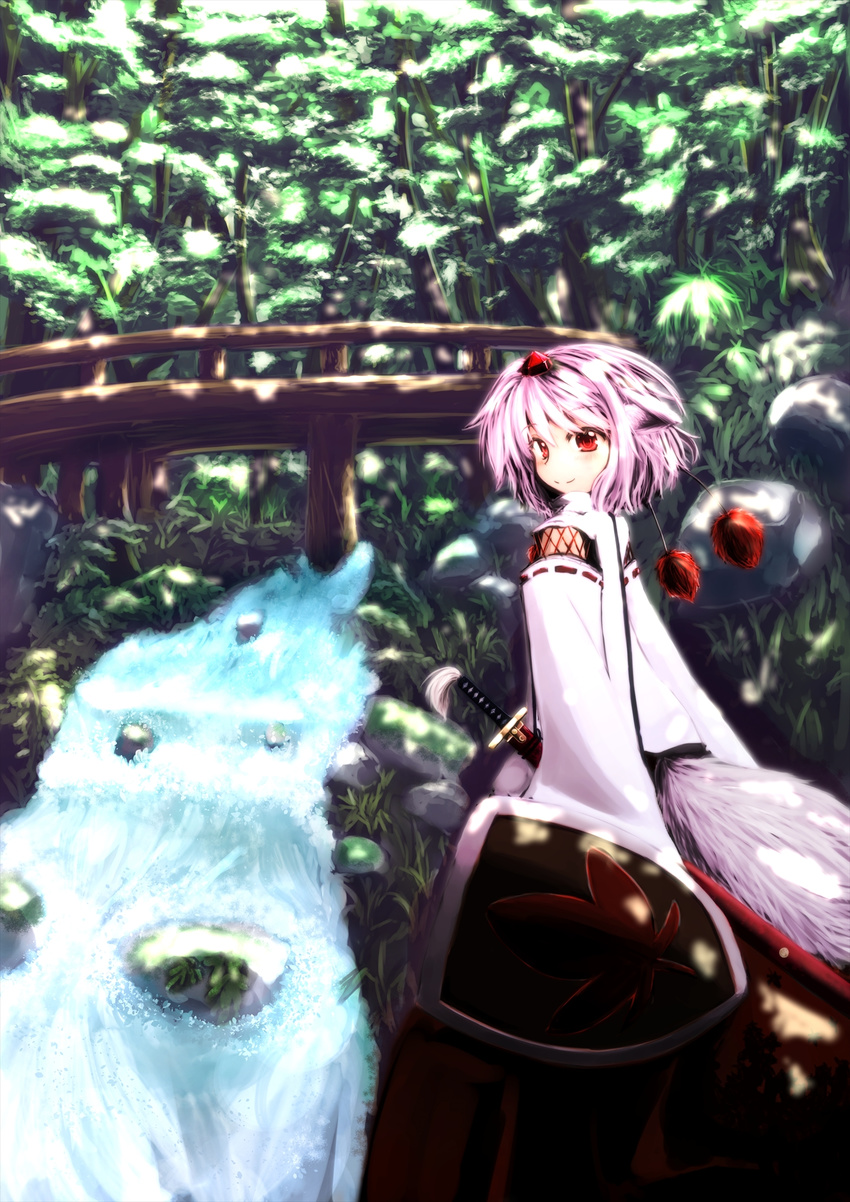 animal_ears bridge clses forest hat highres inubashiri_momiji katana long_skirt nature red_eyes ribbon-trimmed_sleeves ribbon_trim river scenery sheath sheathed shield short_hair silver_hair skirt smile sword tail tokin_hat touhou water weapon wolf_ears wolf_tail wooden_bridge