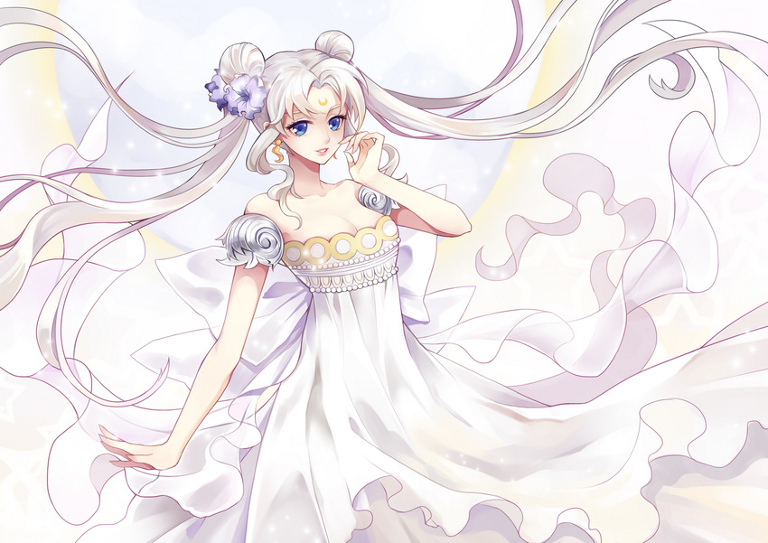ayase1124 back_bow bishoujo_senshi_sailor_moon blue_eyes bow crescent double_bun dress earrings facial_mark flower forehead_mark hair_flower hair_ornament highres jewelry long_hair princess_serenity smile solo strapless strapless_dress tsukino_usagi twintails white white_background white_dress white_hair