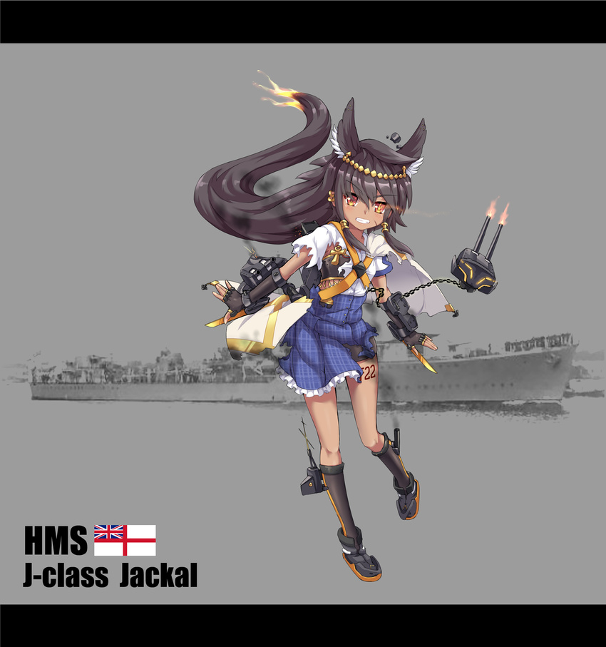 absurdres animal_ears capelet character_name dark_skin english glowing glowing_eyes grey_eyes grey_hair highres jackal_(zhan_jian_shao_nyu) jackal_ears kneehighs letterboxed long_hair looking_at_viewer official_art photo_background pleated_skirt rigging royal_navy school_uniform serafuku sirills skirt solo torn_clothes torn_skirt very_long_hair white_ensign zhan_jian_shao_nyu