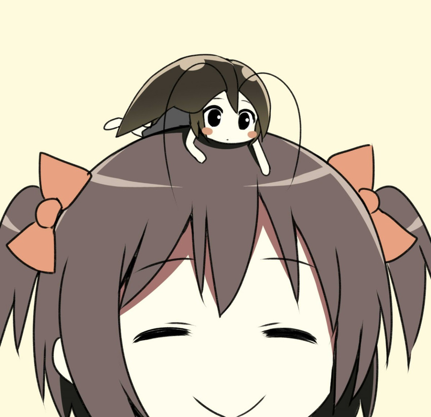 ^_^ antennae black_dress black_eyes blush blush_stickers bow brown_hair bug closed_eyes cockroach dress gokicha gokicha_(character) hair_bow insect insect_girl minigirl multiple_girls on_head original person_on_head short_hair short_twintails sky_(freedom) sky_(sky-freedom) smile twintails