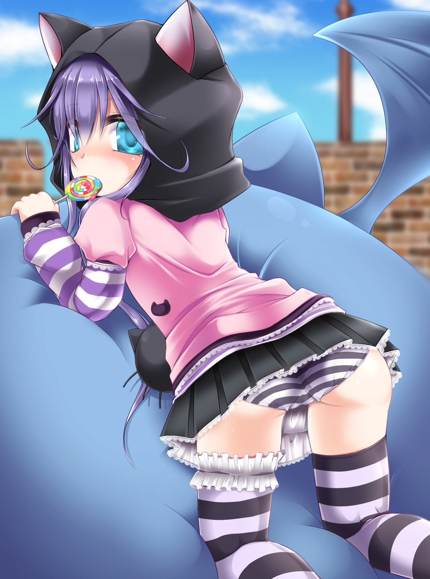 animal_ears animal_hood ass bastet_lore blue_eyes brick_wall candy cat_ears emil_chronicle_online food from_behind highres hood licking lollipop long_hair looking_at_viewer looking_back lying miniskirt on_stomach panties purple_hair shimo_(depthbomb) skirt solo striped striped_legwear striped_panties striped_sleeves swirl_lollipop thigh_strap thighhighs tongue tongue_out underwear wings