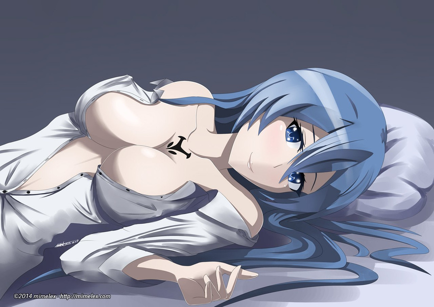1girl akame_ga_kill! blue_eyes blue_hair breasts esdeath esdese large_breasts long_hair looking_at_viewer lying smile solo square_enix tattoo