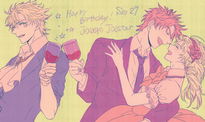 2boys alcohol ametabon blonde_hair caesar_anthonio_zeppeli couple dated dress formal happy_birthday hetero jojo_no_kimyou_na_bouken joseph_joestar_(young) multiple_boys red_hair suit suzi_q toast_(gesture) wine