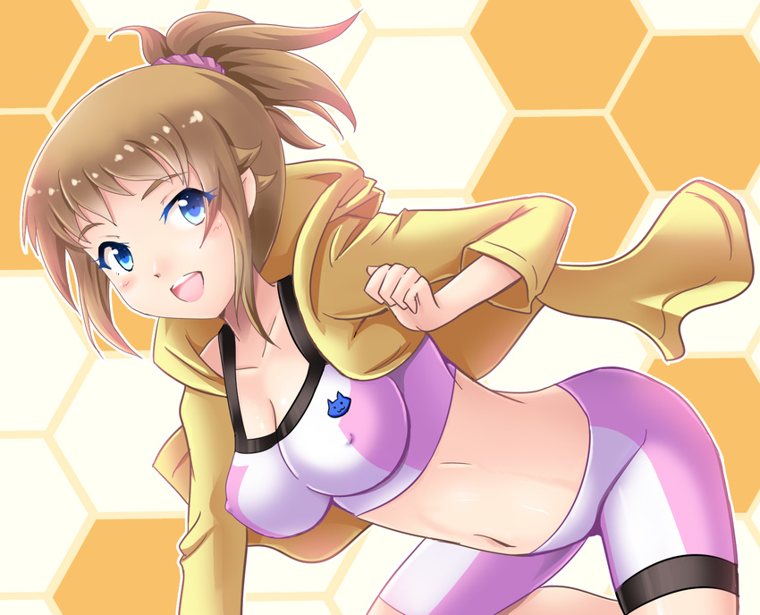 bike_shorts blue_eyes breasts brown_hair gundam gundam_build_fighters gundam_build_fighters_try highres hoshino_fumina large_breasts midriff ryusei2u solo sports_bra