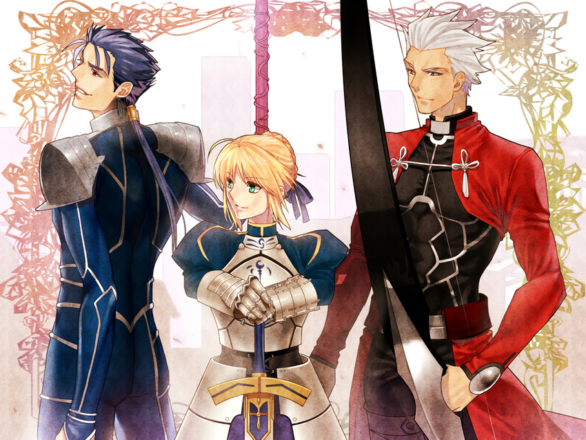 2boys ahoge archer artoria_pendragon_(all) blonde_hair blue_hair bow_(weapon) dark_skin dress fate/stay_night fate_(series) gae_bolg gauntlets hair_ribbon hands_on_hilt highres lancer mitsuki_mitsuno multiple_boys pauldrons polearm ponytail ribbon saber spear weapon white_hair