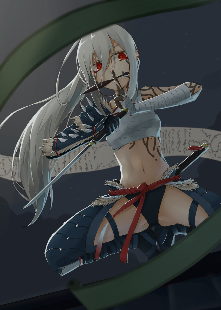 absurdres bad_id bad_pixiv_id bodypaint highres kuji-in kunai long_hair midriff mouth_hold navel original red_eyes reverse_grip sarashi scroll seramikku solo spread_legs squatting sword very_long_hair weapon white_hair wrist_wrap