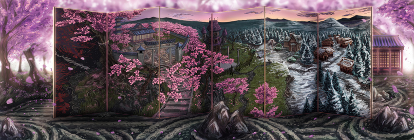 architecture cherry_blossoms cloud dusk east_asian_architecture forest gap gensoukyou hakugyokurou highres house huge_filesize incredibly_absurdres mansion md5_mismatch mountain nature no_humans rock_garden ruins saigyou_ayakashi scenery sky snow stairs touhou tower tree village wallpaper zucreelo
