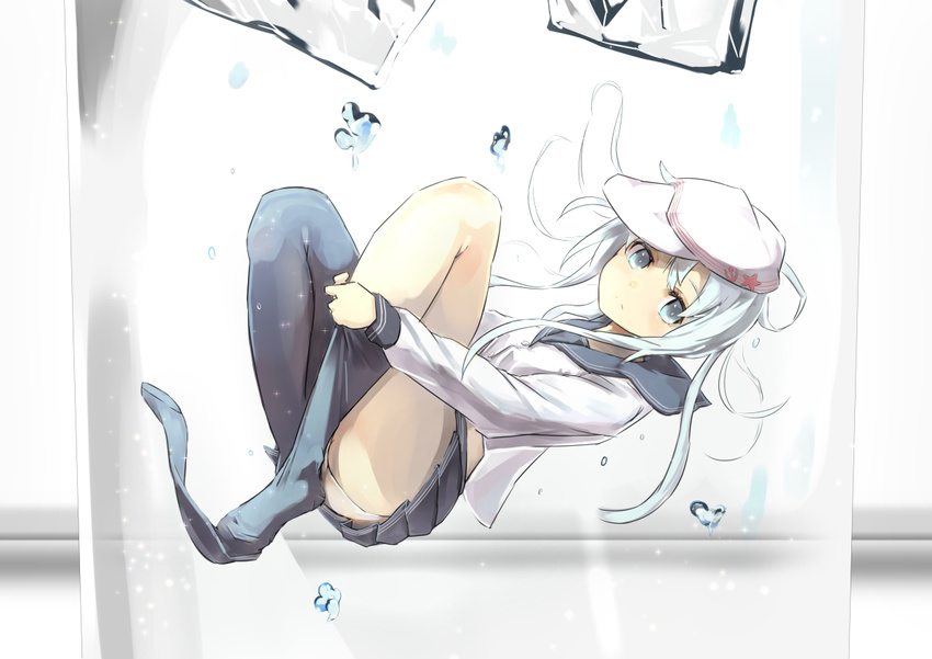 bad_id bad_pixiv_id black_hair cup gedou_(shigure_seishin) hammer_and_sickle hat hibiki_(kantai_collection) ice kantai_collection long_hair looking_at_viewer panties pantyshot silver_eyes silver_hair skirt sock_pull solo star thighhighs underwater underwear verniy_(kantai_collection) white_panties