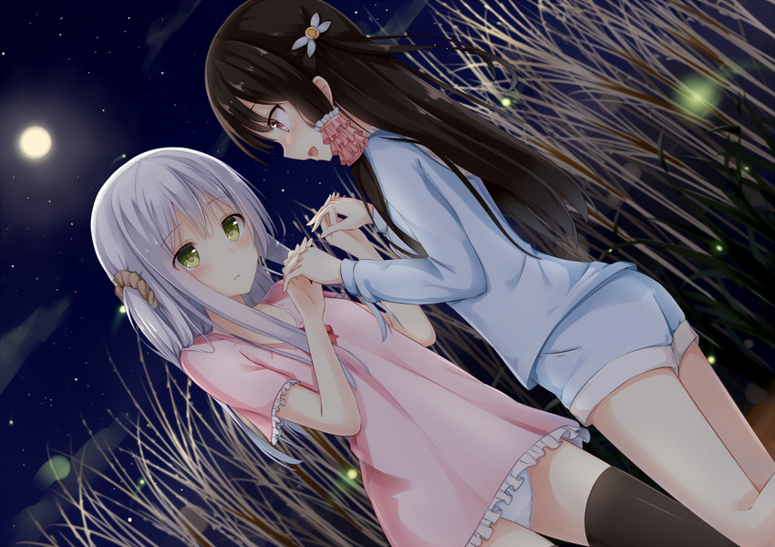 bangs blush brown_hair commentary_request dutch_angle eye_contact eyebrows_visible_through_hair green_eyes hair_ornament hair_scrunchie hair_tubes highres holding_hands long_hair looking_at_another mitoko_(tsuchikure) moon multiple_girls night night_sky no_pants open_mouth original outdoors pajamas panties parted_lips pink_eyes scrunchie shiori_(tsuchikure) short_sleeves sidelocks silver_hair sky star_(sky) tsuchikure two_side_up underwear white_panties