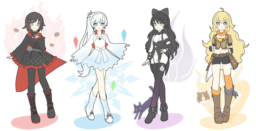 aaaabo absurdres bike_shorts black_hair blake_belladonna blonde_hair breasts brown_hair cleavage dress full_body highres long_hair medium_breasts multiple_girls pantyhose ruby_rose rwby thighhighs very_long_hair weiss_schnee white_hair yang_xiao_long