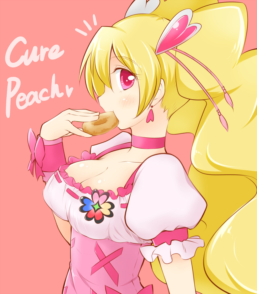 arakawa_tarou blonde_hair blush bow character_name choker cure_peach dress earrings eating english fresh_precure! hair_ornament highres jewelry long_hair looking_at_viewer magical_girl momozono_love pink_bow pink_choker pink_dress pink_eyes precure puffy_sleeves red_background simple_background solo twintails