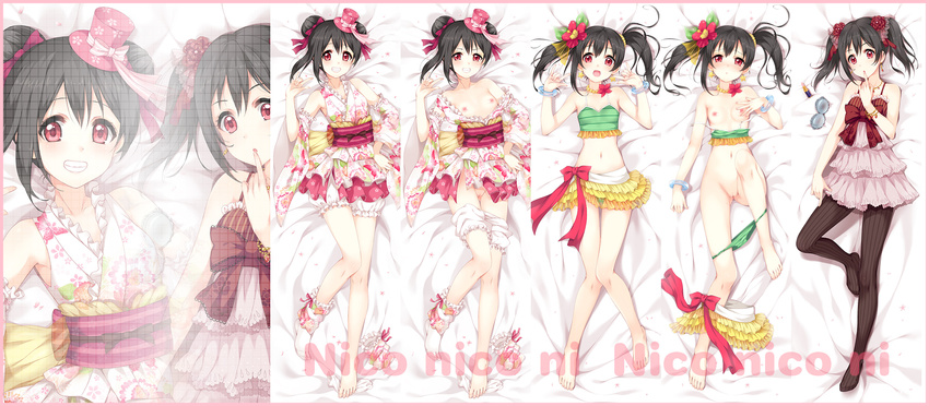 barefoot bikini bikini_pull bikini_skirt black_hair bloomers bloomers_pull blush bow breasts dakimakura finger_to_mouth frilled_bikini frilled_kimono frills green_bikini grin hat hat_bow hat_ribbon highres japanese_clothes kimono looking_at_viewer love_live! love_live!_school_idol_project lying multiple_views natsuiro_egao_de_1_2_jump! navel nipples noodle-y off_shoulder on_back pinstripe_pattern pussy red_eyes ribbon skirt skirt_around_one_leg small_breasts smile striped striped_bikini striped_bow striped_ribbon striped_swimsuit swimsuit twintails uncensored underwear yazawa_nico