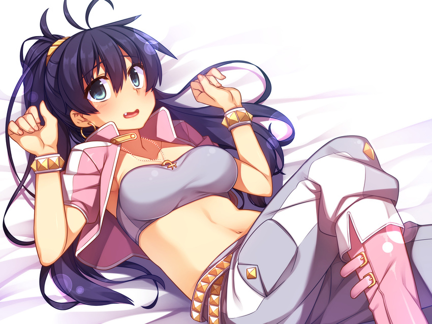 bed_sheet black_hair blue_eyes blush boots bracelet breasts costume earrings fang ganaha_hibiki hoop_earrings idolmaster idolmaster_(classic) jewelry large_breasts lens_flare long_hair lying midriff navel necklace on_back open_mouth pink_diamond_765 pink_footwear ponytail racer_(magnet) solo
