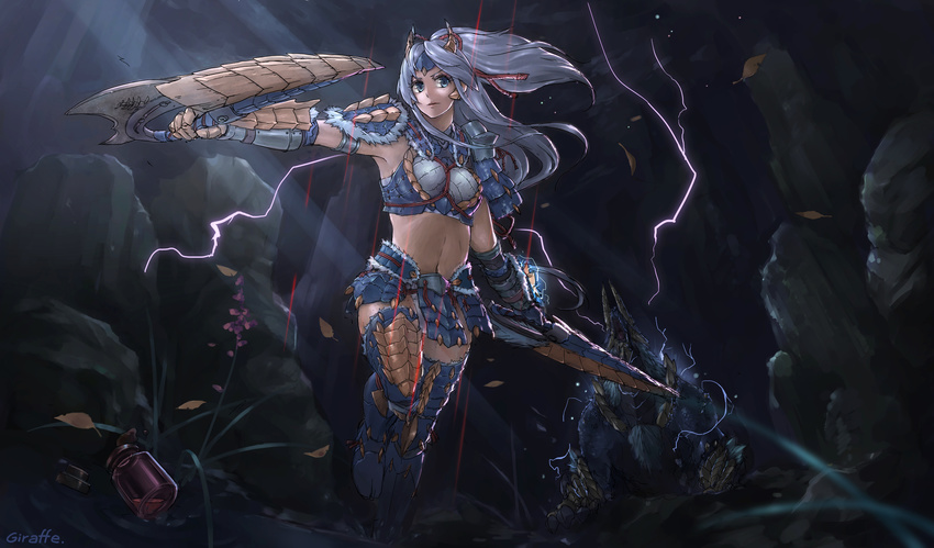 absurdres armor armored_dress artist_name blue_eyes dual_wielding electricity expressionless eyelashes giraffe_(artist) highres holding holding_sword holding_weapon lips long_hair looking_at_viewer midriff monster_hunter panties serious shoulder_pads shoulder_spikes signature solo sparkle spikes sword underwear weapon white_panties zinogre zinogre_(armor)
