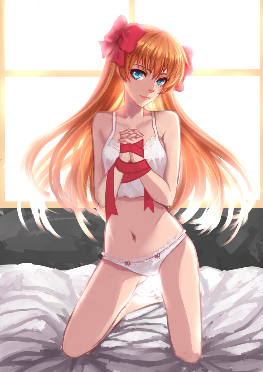 absurdres backlighting bare_arms bare_shoulders blue_eyes bound bow breasts chemise collarbone come_hither douyougen gekkan_shoujo_nozaki-kun hair_bow hands_clasped highres interlocked_fingers kneeling light_brown_hair lips long_hair looking_at_viewer navel own_hands_together panties ribbon sakura_chiyo small_breasts solo tied_up underwear underwear_only very_long_hair white_panties window
