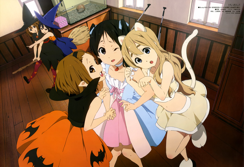 :o absurdres akiyama_mio animal_ears animal_print bat_print black_eyes black_hair blonde_hair blue_eyes broom broom_riding brown_eyes brown_hair cat_ears cat_tail choker dress fang fangs hair_ribbon hairband halloween hat highres hirasawa_yui jack-o'-lantern k-on! kotobuki_tsumugi leg_lift legs long_hair multiple_girls nakano_azusa navel official_art one_eye_closed open_mouth pantyhose paw_pose pointing pointy_ears ribbon round_teeth short_hair tail tainaka_ritsu teeth ton-chan twintails witch_hat yamada_naoko