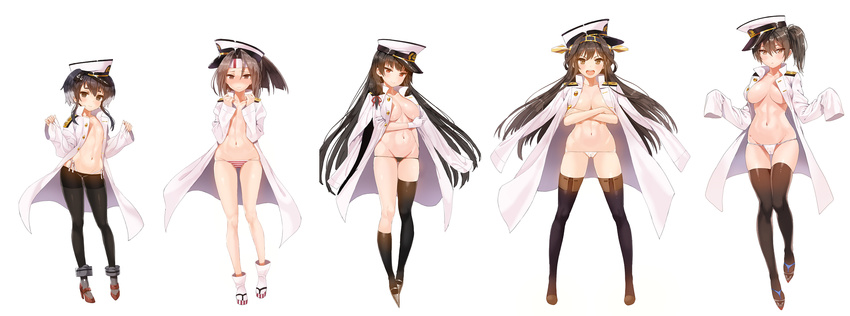 admiral_(kantai_collection) admiral_(kantai_collection)_(cosplay) asymmetrical_legwear black_hair black_legwear black_panties blush boots breasts brown_eyes brown_hair cameltoe cleavage contrapposto cosplay crossed_arms expressionless female_admiral_(kantai_collection) full_body fundoshi gloves groin gunbuster_pose hair_ornament hair_ribbon hairband hat headband high_heels highres isokaze_(kantai_collection) japanese_clothes kaga_(kantai_collection) kantai_collection kongou_(kantai_collection) large_breasts long_hair long_sleeves looking_at_viewer lowleg lowleg_panties lowleg_pantyhose military military_uniform multicolored_hair multiple_girls mx2j_(nsh6394) naval_uniform navel no_bra open_clothes open_mouth open_shirt panties pantyhose peaked_cap ponytail red_eyes ribbon sandals shirt short_hair short_hair_with_long_locks side-tie_panties side_ponytail simple_background single_thighhigh sleeves_past_wrists smile standing striped striped_panties sword thigh_boots thighhighs tokitsukaze_(kantai_collection) underwear uniform weapon white_background white_gloves white_legwear white_panties zuihou_(kantai_collection)
