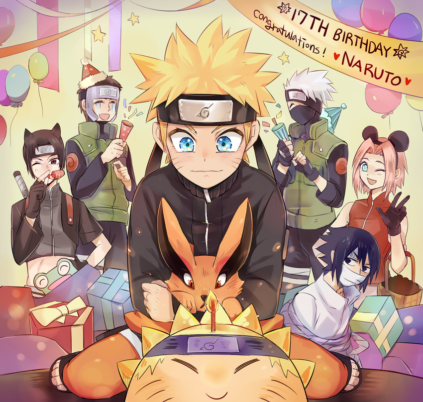 1girl 5boys birthday boring_(brtgm) cake food haruno_sakura hatake_kakashi highres kurama_(naruto) multiple_boys naruto naruto_shippuuden sai uchiha_sasuke uzumaki_naruto yamato_(naruto)