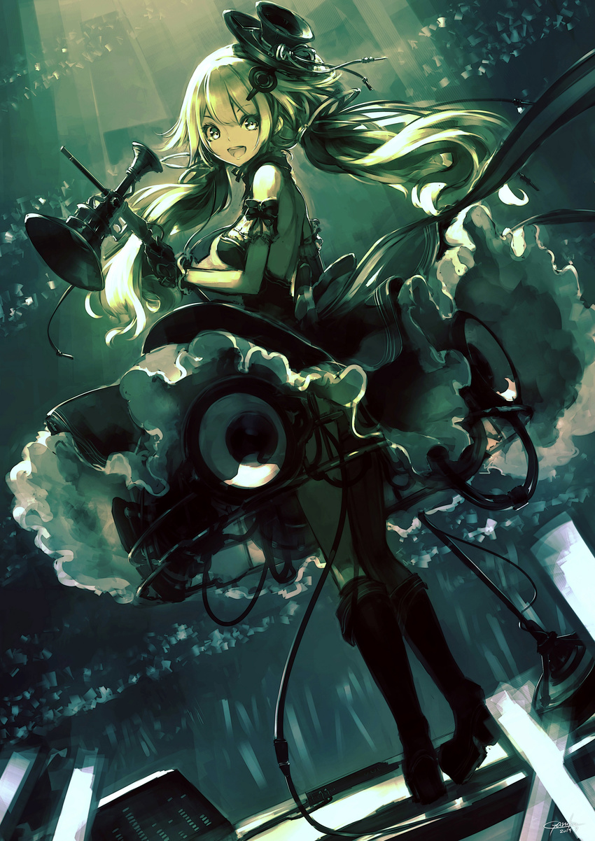 2014 :d absurdres artist_name boots bow crowd dutch_angle full_body garuku gloves glowstick hair_ornament hat highres holding long_hair looking_at_viewer looking_back megaphone number open_mouth original signature silhouette smile solo speaker stage standing top_hat twintails