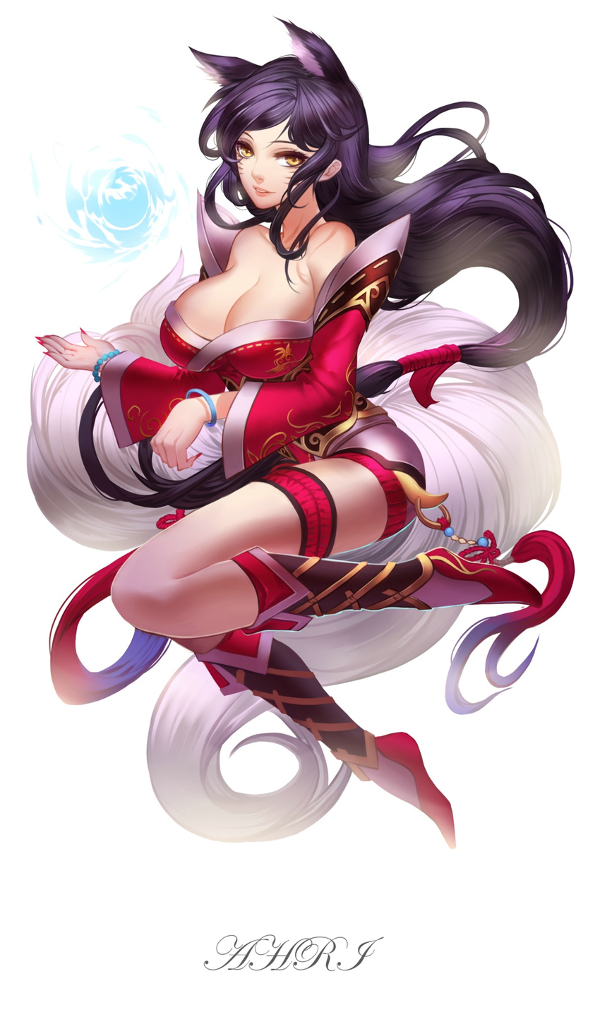 ahri animal_ears bangle bare_shoulders black_hair boots bracelet breasts character_name citemer cleavage fingernails fox_ears full_body highres huge_breasts jewelry league_of_legends lips long_hair long_legs low-tied_long_hair low_neckline nail_polish parted_lips solo tail very_long_hair white_background yellow_eyes