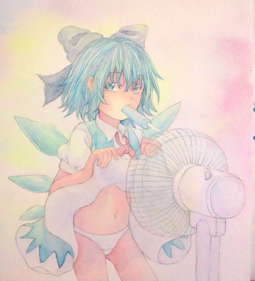 blue_eyes blue_hair bow cirno dress dress_lift electric_fan fanning_crotch food hair_bow highres ice ice_wings looking_at_viewer mouth_hold navel panties pink_background popsicle puffy_short_sleeves puffy_sleeves short_hair short_sleeves solo touhou traditional_media underwear watercolor_(medium) white_panties wings yuyu_(00365676)
