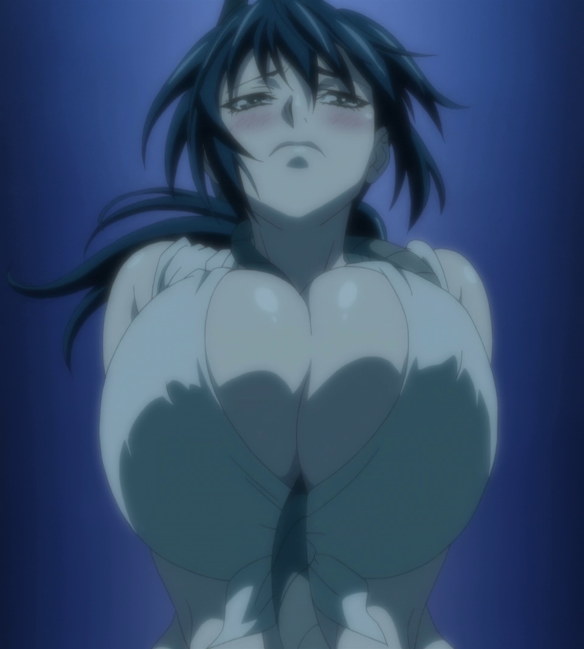 1girl blue_hair blush breast_expansion breasts highres hoods_entertainment huge_breasts kaneko_hiraku manyuu_chifusa manyuu_hikenchou orgasm rope screencap underwater